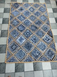 Jute Rug Rectangle Denim Rug Vintage Rug Natural Handwoven Traditional Rugs - Picture 1 of 10