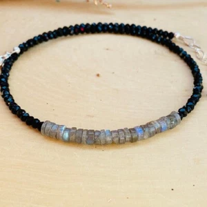 Natural Labradorite & Black Spinel 2 Multi Gemstone Beads Necklace Men Women 18" - Picture 1 of 8