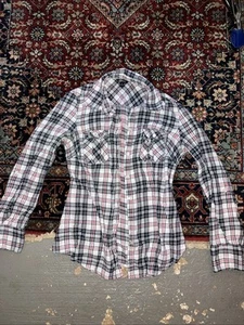 Guess Women Top Size S Black Plaid Flannel Collared - Picture 1 of 9