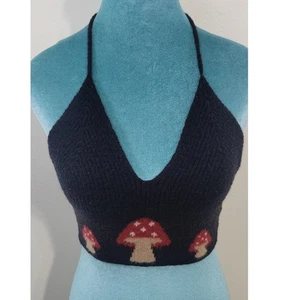 Romwe Cropped Halter Top Womens XS Mushroom Boho Hippie Y2K Black Top - Picture 1 of 8