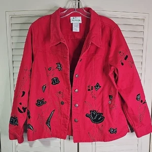 Jean Jacket Embroidered Red And Black Cotton Size Large Side Pockets - Picture 1 of 8