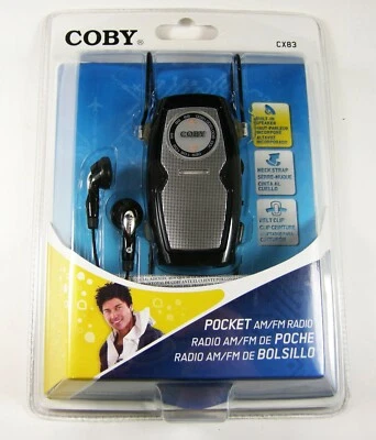 COBY CX83 AM FM Pocket Radio With Mini Stereo Headphones NEW in Original Package - Image 1 of 2