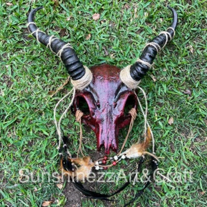 Red Horned Demon Animal Goat Skull w/ Hanging Feather Costume Masquerade Mask - Picture 1 of 5