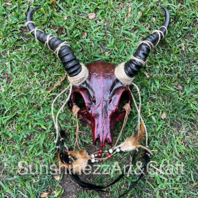 Red Horned Demon Animal Goat Skull w/ Hanging Feather Costume Masquerade Mask - Image 1 of 4