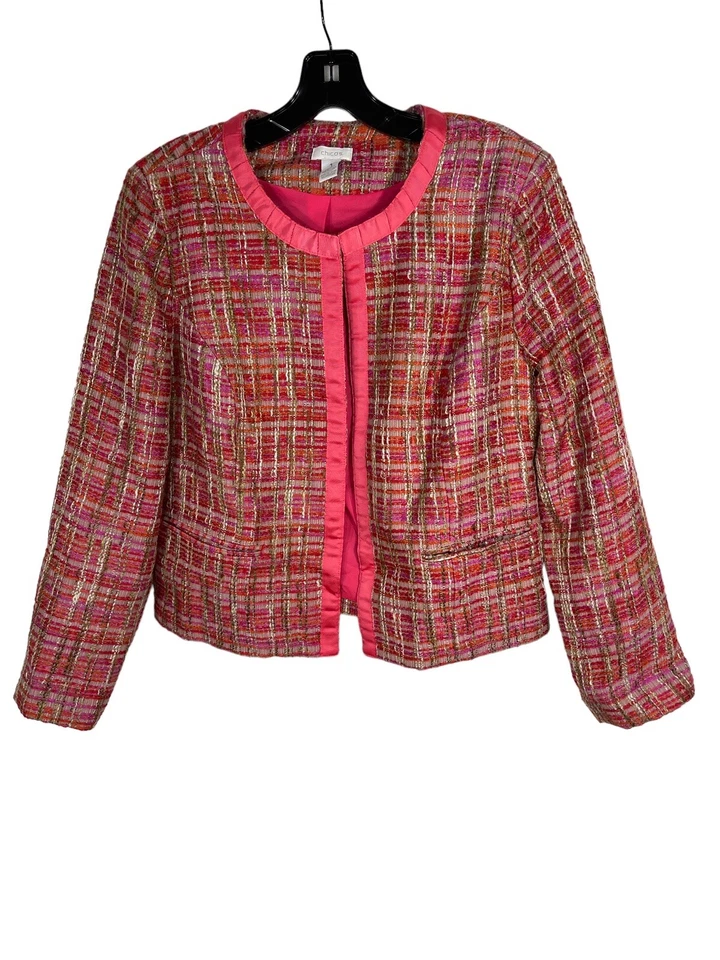 Chicos Blazer Traje Chaqueta Mujer 1 Rosa Manga Larga Lana Tweed Frente Abierto Carrera Foto 1 de 4