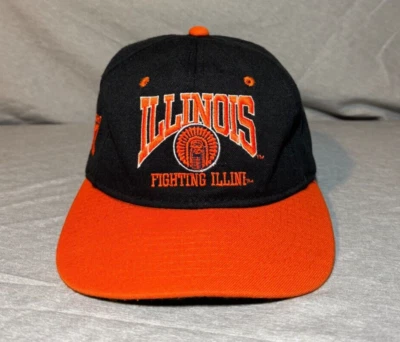 Vintage Illinois Fighting Illini Black Orange Snap Back Cap Hat NCAA Patch - Image 1 of 4
