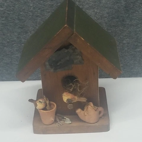 Wood Bird House Rustic Decor Handmade 9" Tall Sturdy Indoor Hanging or Standing Cover