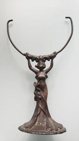 Vintage Antique Art Deco Nouveau Brozed Woman Cast Iron  Flip Mirror  Base Cover