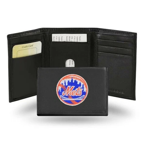 New York Mets Men's Black Wallet - MLB Black Trifold Embroidered Wallet Cover