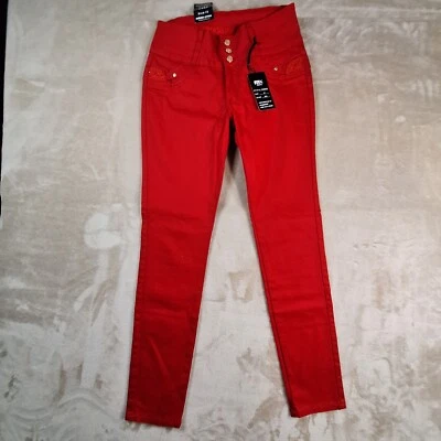 Pantalones de mezclilla ajustados Moda Xpress para mujer 13 rojos elásticos tiro alto botones dorados MX NUEVOS CON ETIQUETAS Foto 1 de 4