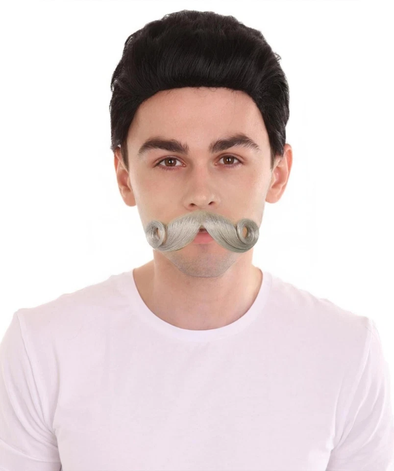HPO Adult Men’s Grey Theatrical Curled Handlebar Mustache, Cosplay Wig - Image 1 of 1