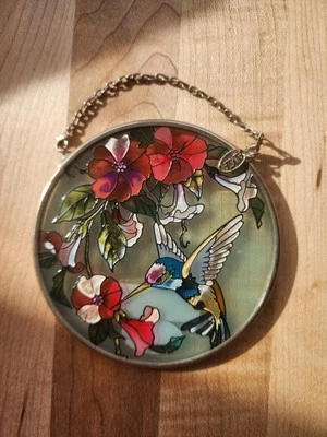 Amia Hummingbird & Flowers Round 4" Hand Painted Glass Suncatcher Stained Glass - Image 1 of 3