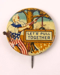 Vintage WWII Uncle Sam Hanging Hitler LET'S PULL TOGETHER Pin Back Mechanical - Picture 1 of 7