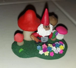 Mini Mushrooms & Gnome on a Hill 3x2" Mini Forest Scene Décor Artist Signed Clay - Picture 1 of 4