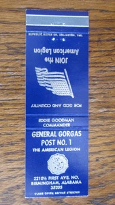 AMERICAN LEGION POST #1 MATCHBOOK COVER: BIRMINGHAM, ALABAMA 1970s MATCHCOVER A9 - Picture 1 of 2
