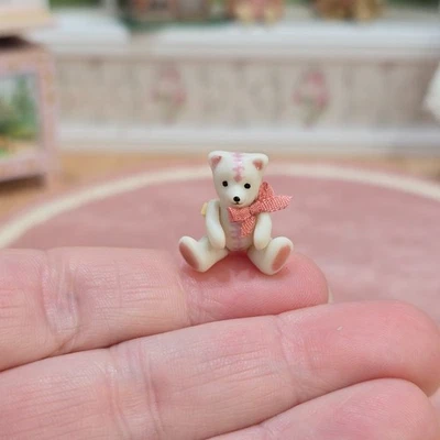 Miniature Dollhouse Hand-Sculpted White & Pink Jointed Clay Teddy Bear, Pink Bow - Image 1 of 4