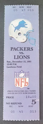 1991 Green Bay Packers vs. Lions FULL TICKET - Barry Sanders -6 Below Wind Chill - Image 1 of 2