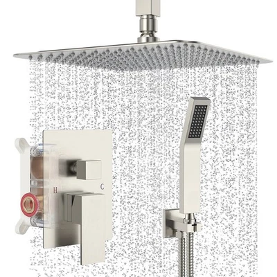 Shower Faucet Set with Valve Brushed Nickel Ceiling Mount 8Inch Rain Shower Head - Image 1 of 4