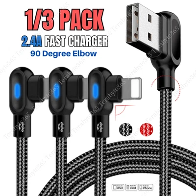 6FT 3FT 90° Right Angle USB Fast Charger Cable For iPhone 14 13 12 11 8 XR Cord - Image 1 of 4