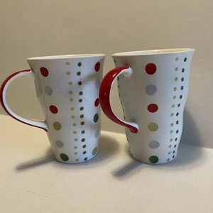 Pier 1 handbemalte Steinzeug Tassen (2) Polka Dots rot grün Kaffee groß Latte Tasse - Bild 1 von 6