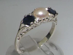 925 Solid Sterling Silver Natural Sapphire and Cultured Pearl Trilogy Ring - Picture 1 of 1