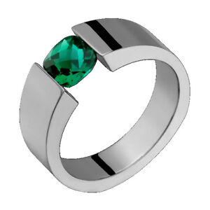 Mens Titanium Wedding Band W Emerald Tension Set 6x4mm Wide Polished Ring