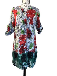 J Peterman Red Green Hibiscus Womens Tunic Shirt Sz S Spring/Summer - Picture 1 of 10