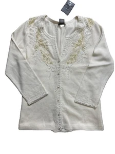 Ann Taylor Cardigan Women XS IvorySilk Cashmere Sequin Embroidered Pearl Buttons - Picture 1 of 10