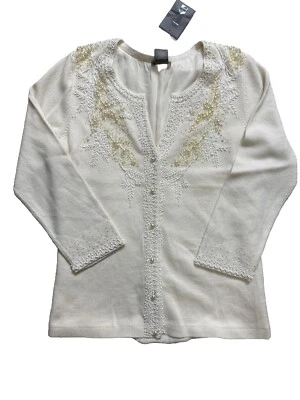 Cárdigan Ann Taylor Mujer XS Marfil Seda Cachemira Lentejuelas Bordado Perla Botones Foto 1 de 4