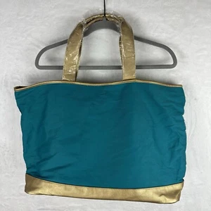 Viv & Lou Canvas Cabana Tote Bag Gold Teal & Small Zipper Bag NWT Snap Pocket - Picture 1 of 17