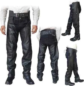 2Fit™ Unisex Genuine Black Leather Braided Motorcycle Chaps for Bikers - Picture 1 of 7