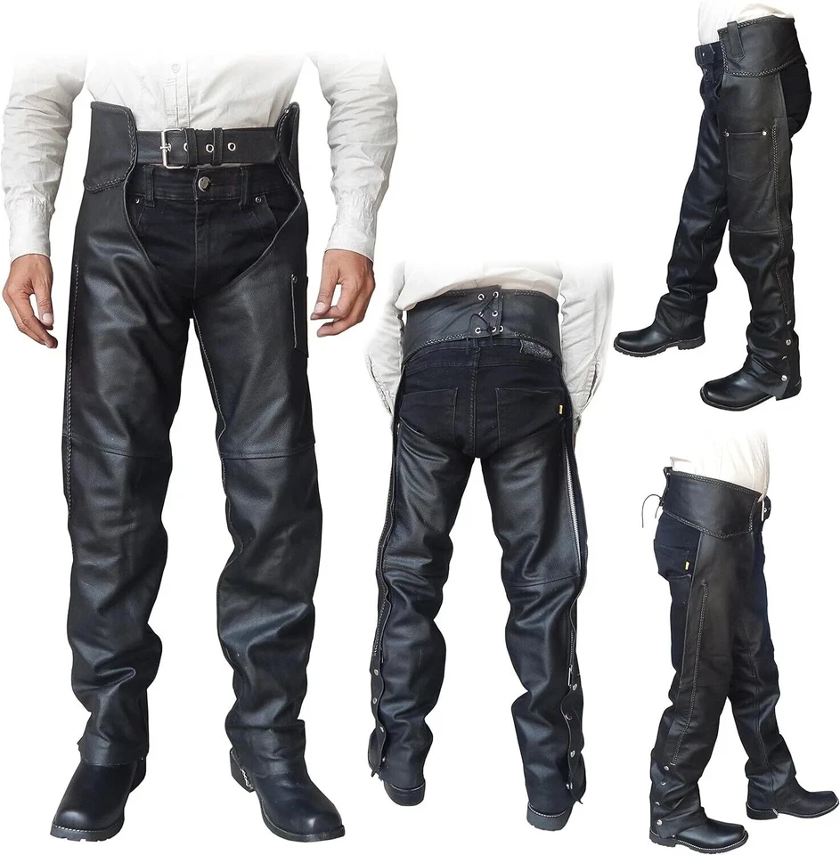 2Fit™ Unisex Genuine Black Leather Braided Motorcycle Chaps for Bikers - Image 1 of 4
