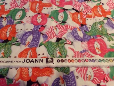 30" X 44" VINTAGE FLANNEL SNOWMEN COLORFUL KNIT HATS & SCARFS TOSS/ JOANN #8779 - Image 1 of 4