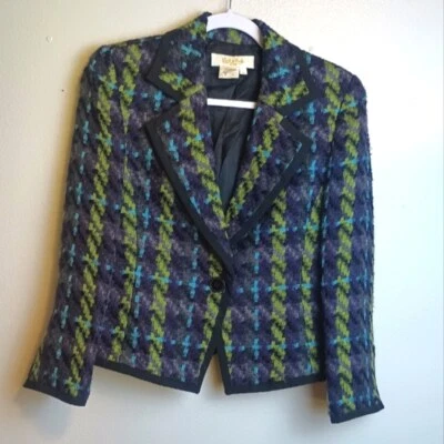 PECK & PECK Vintage Wool Blend Blazer Plaid Jacket Purple Green Blue 4 Petite - Image 1 of 4