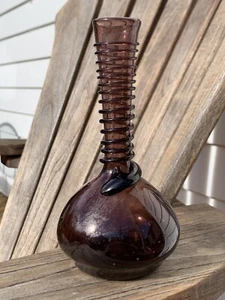 Vint Art Glass Vase Amethyst Purple Serpent Hand Blown Bubbles MCM Israeli - Picture 1 of 6