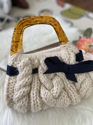 Bolso de Mano Tejido con Cable Vintage Hecho a Mano Beige con Lazo Azul Marino Acrílico Asas Tortuga Foto 1 de 4