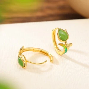 Qxx Orecchini Tulipano Verde Giada 925 Argento Sterling Placcato Oro - Foto 1 di 4
