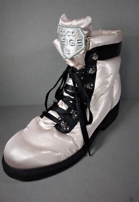 Chanel 40 Rosa Negro Coco Neige Hinchado Invierno Botas Cortas Botines al Tobillo Pisos NUEVO Foto 1 de 4