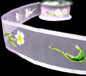 5 Yards Pretty White Flowers Sheer Satin Edge Wired Ribbon 1 1/2"W Pink Purple - Picture 1 of 3