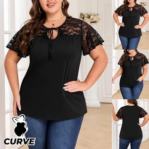 Plus Size Curvy Women Lace T-Shirt Ladies Frill Short Sleeve Casual Tops Blouse - Picture 1 of 16