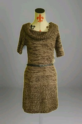 Новый с Ярлыками $52 новые направления Sz M вязаное платье коричневый подпоясанный воротник короткий рукав - Изображение 1 из 4