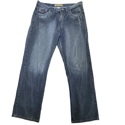 Pantalones de mezclilla para hombre 38x34 pierna recta lavado oscuro bordado cresta bolsillo desgastado Foto 1 de 4