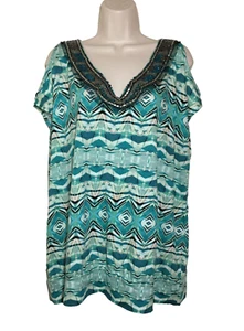 Lane Bryant Beaded Top 14 Teal Aztec Sleeveless Cold Shoulder V-Neck Bust 46" - Picture 1 of 10