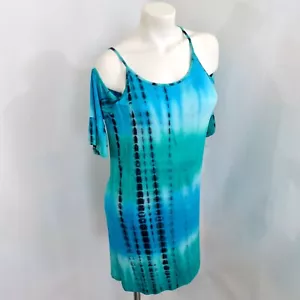 UMGEE Dress Women Medium Green Blue Cold Shoulder Scoop Neck Short Beach Casual - Picture 1 of 19