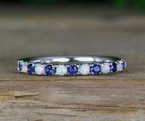 Natural Opal & Tanzanite Wedding Band Sterling Silver Half Eternity Women Band - Picture 1 of 6