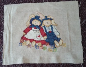 Finished Cross Stitch ~ Bunny Couple with Baby Blocks FRIENDS ~ 7" x 8" Design - Picture 1 of 2