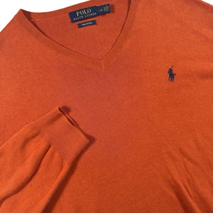 Polo Ralph Lauren V-Neck Sweater Men's L Pumpkin Orange Pima Cotton Classic - Picture 1 of 7