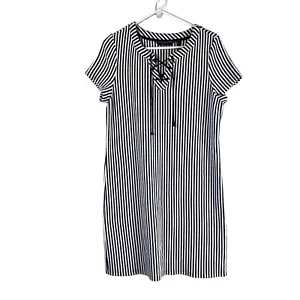 C Wonder Dress Womens Size M Navy White Striped Lace Up Textured Shift Nautical - Picture 1 of 13