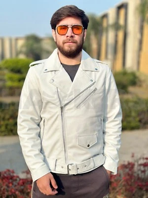 Chaqueta de motociclista de cuero suave de gamuza genuina blanca para hombre, chaqueta de motociclista de cuero Foto 1 de 4