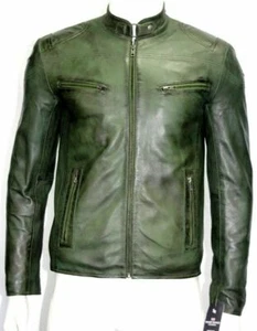 Chaqueta hecha a medida para motociclista de cuero real de piel de cordero genuina verde para hombre - Imagen 1 de 11